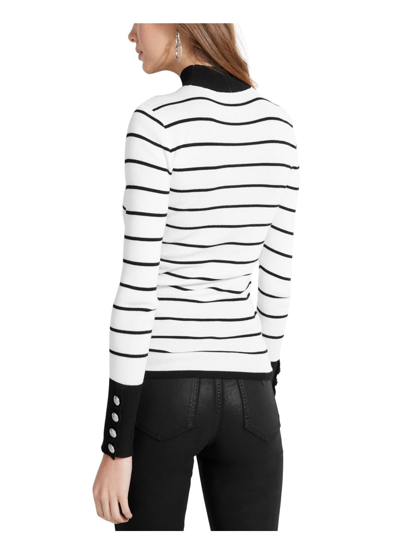 Suéter feminino Guss Rebekah listrado com botões e gola alta, tamanho grande, branco