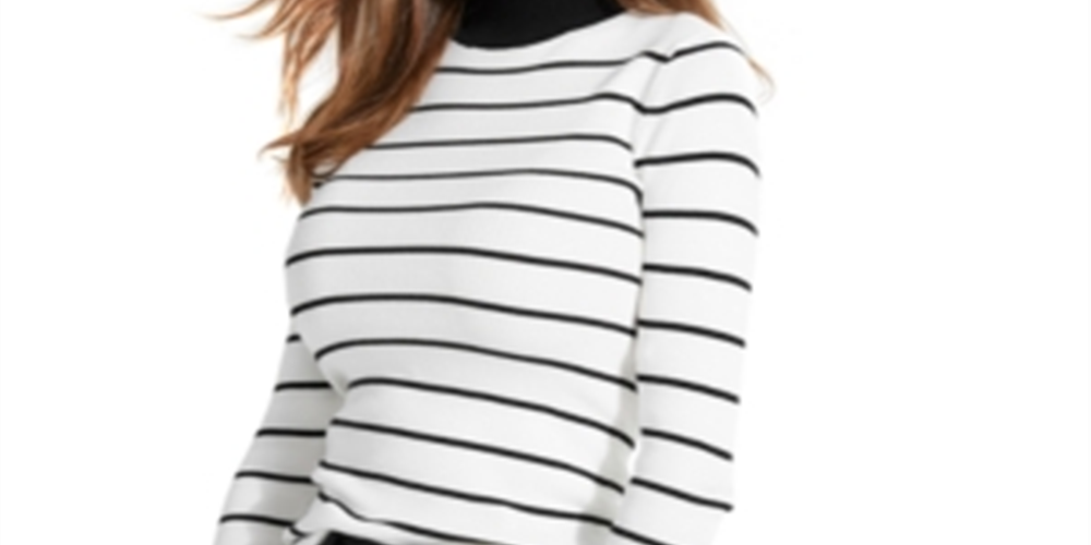 Suéter feminino Guss Rebekah listrado com botões e gola alta, tamanho grande, branco
