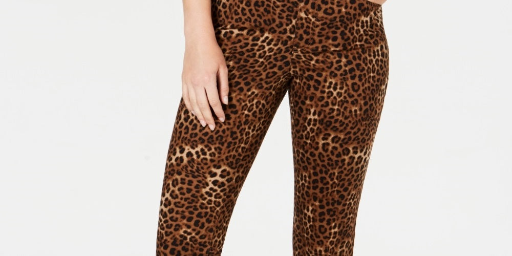 Calça jeans feminina Lexington com estampa animal, perna reta, marrom, tamanho 14, Charter Club
