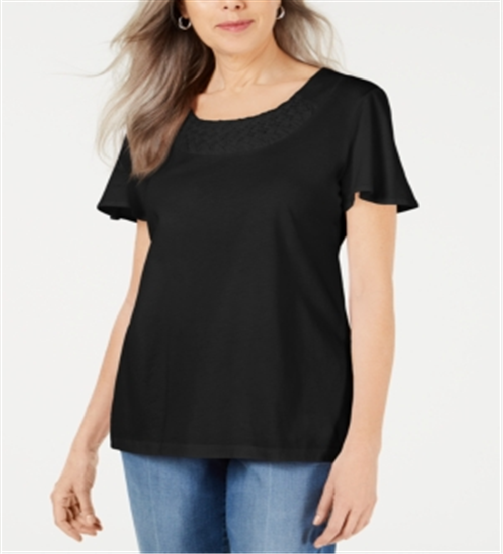 Blusa feminina Karen Scott com acabamento em trama de cesta e mangas bufantes, preta, tamanho GG