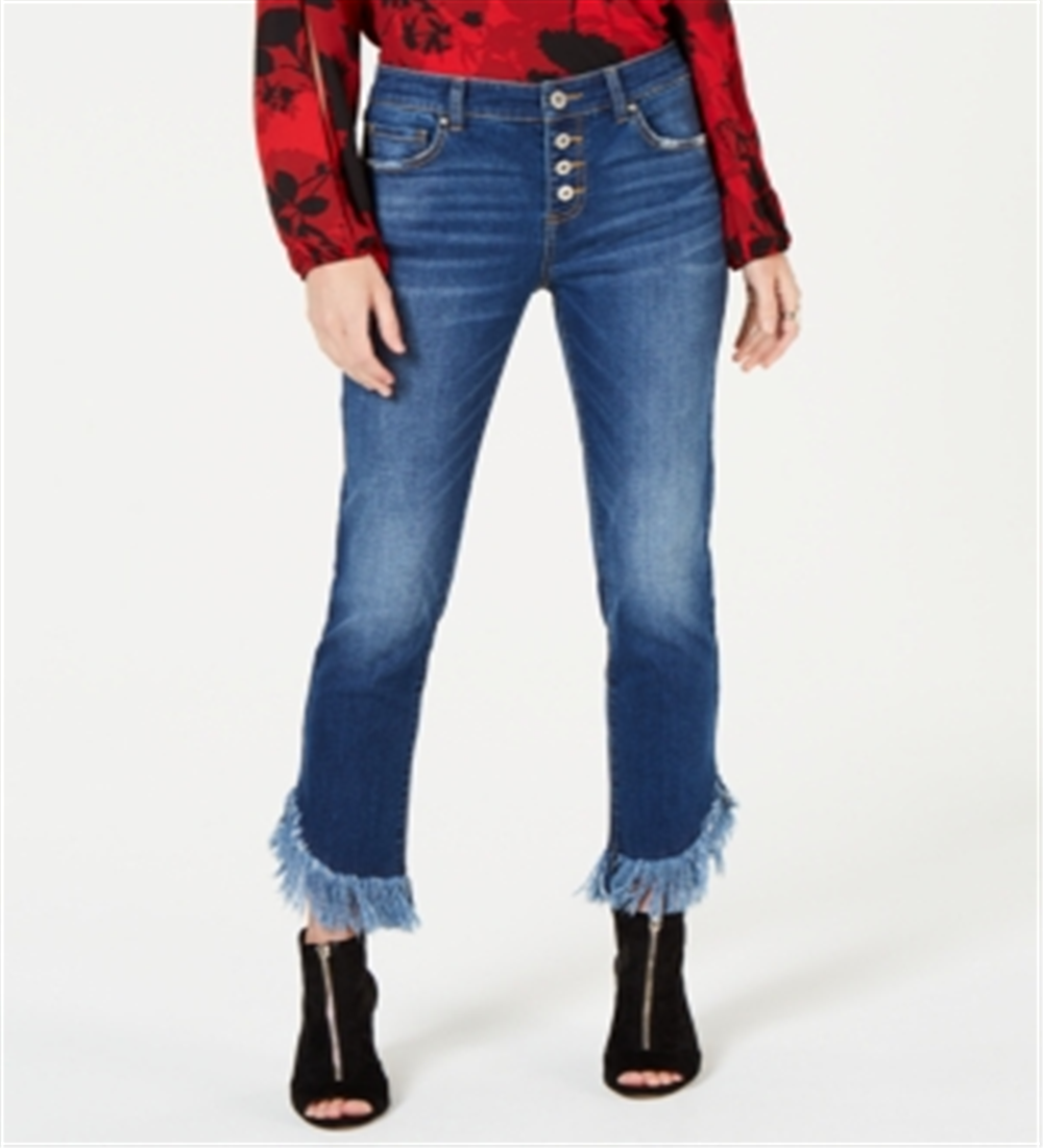 Calça jeans feminina INC International Concepts com franjas e botões na frente, perna reta, azul, tamanho 16