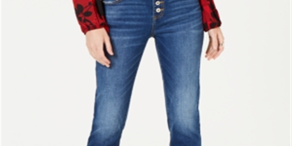 Calça jeans feminina INC International Concepts com franjas e botões na frente, perna reta, azul, tamanho 16