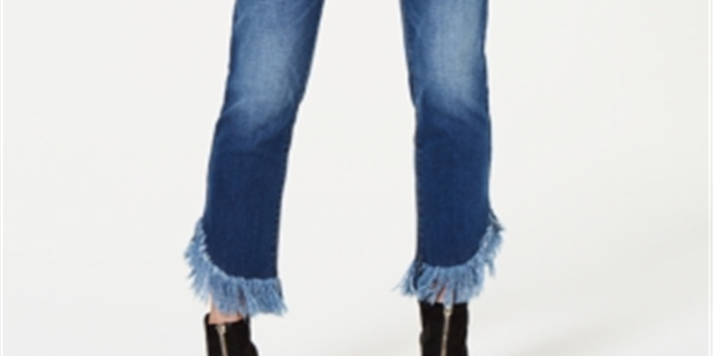 Calça jeans feminina INC International Concepts com franjas e botões na frente, perna reta, azul, tamanho 16