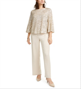 Blusa feminina Alfani com manga sino e lantejoulas, cor manteiga de cacau, tamanho pequeno P