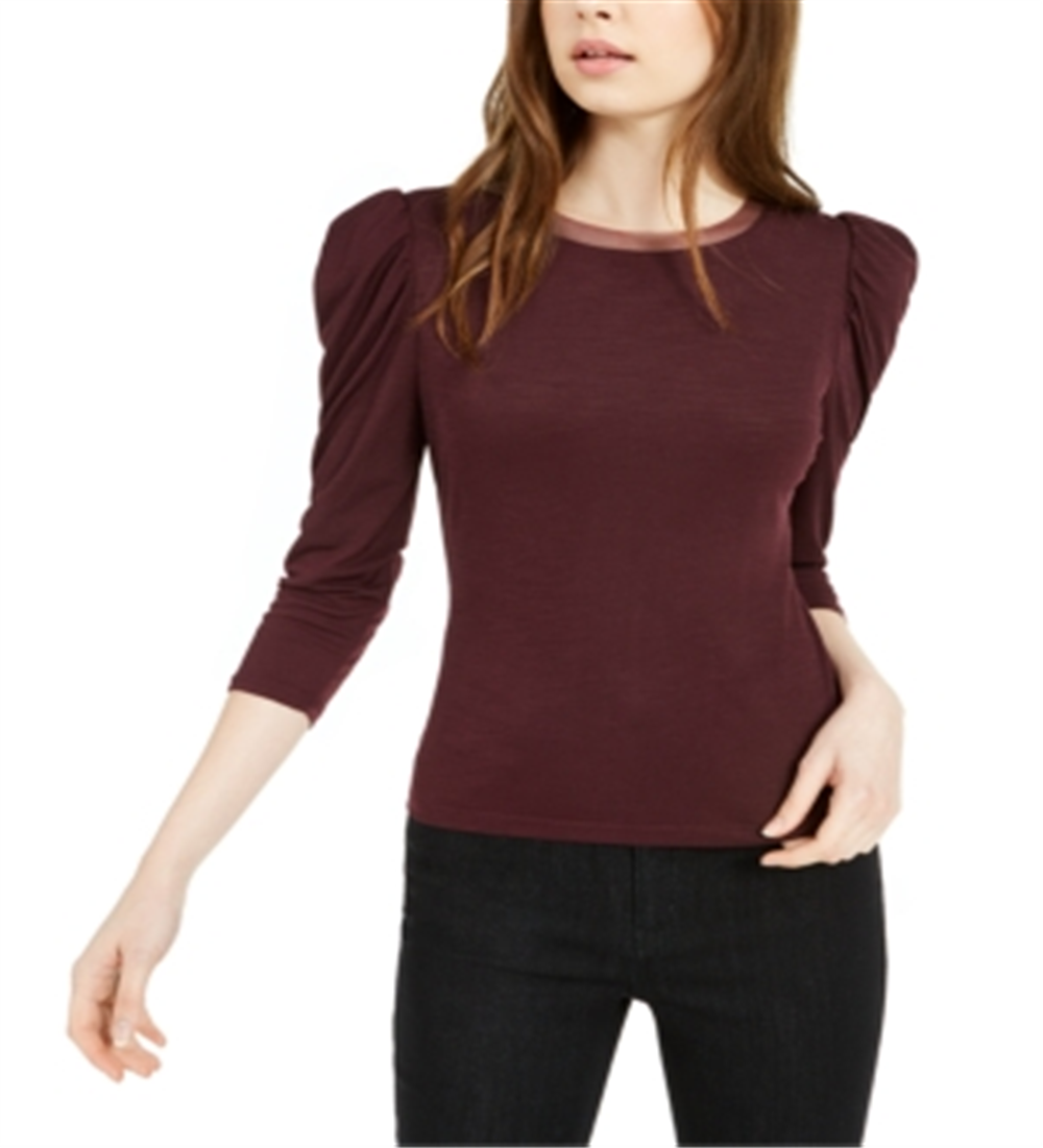 Blusa feminina Bar III com acabamento em malha e manga bufante, marrom, tamanho 2XS