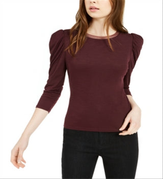 Blusa feminina Bar III com acabamento em malha e manga bufante, marrom, tamanho 2XS