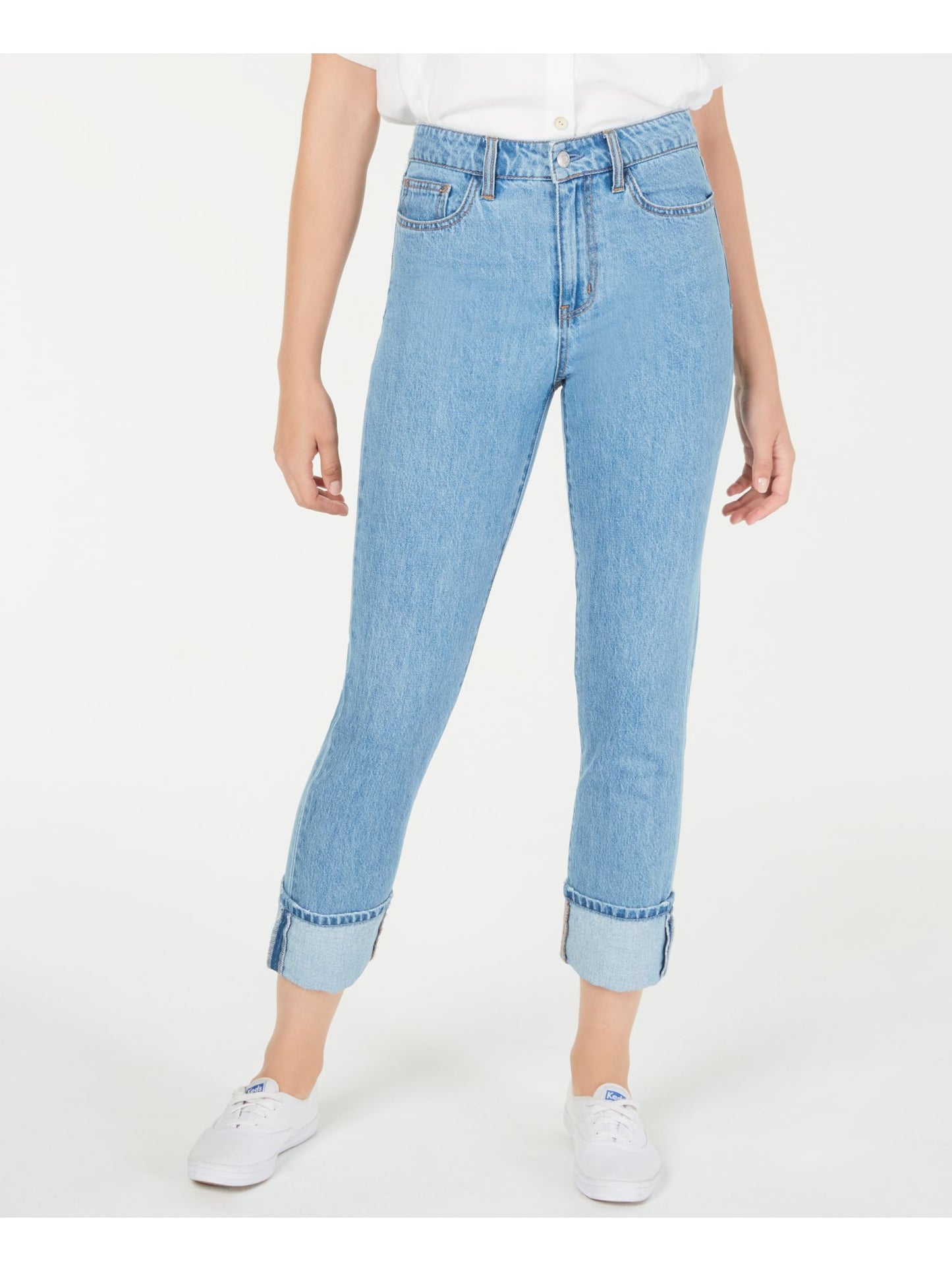 Calça jeans feminina Oat com perna reta e punho, azul, tamanho 29