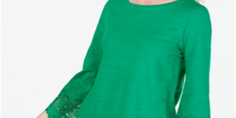 Top feminino Charter Club com acabamento em renda de algodão, verde, tamanho XX-G