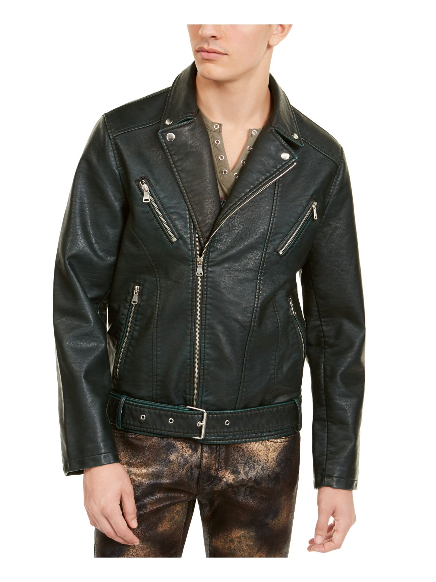 Jaqueta masculina de couro sintético lavado para motocicleta INC International Concepts com cinto, verde, tamanho XX-G