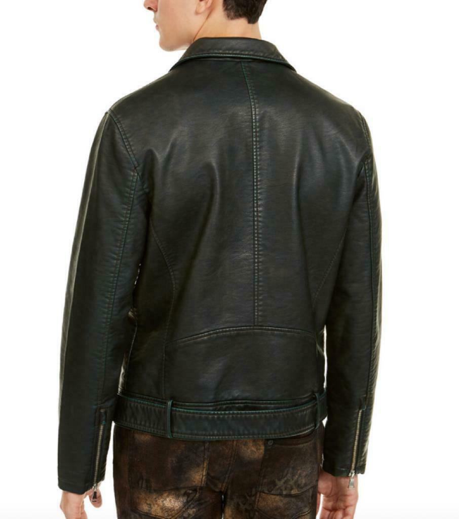Jaqueta masculina de couro sintético lavado para motocicleta INC International Concepts com cinto, verde, tamanho XX-G