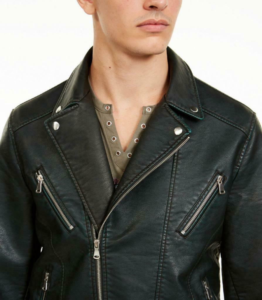 Jaqueta masculina de couro sintético lavado para motocicleta INC International Concepts com cinto, verde, tamanho XX-G