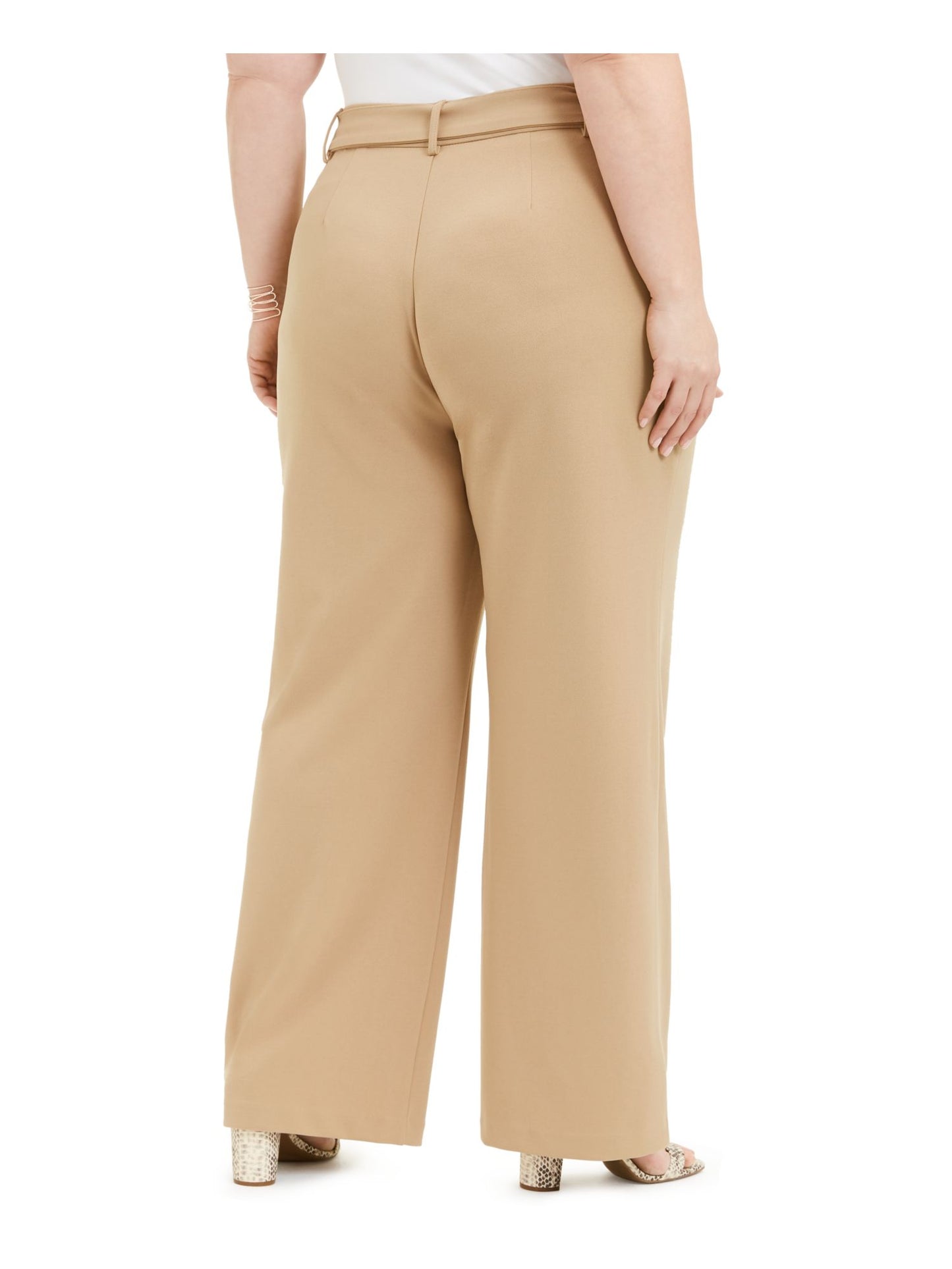 Calça feminina casual com bolso e cinto, INC International Concepts, bege, tamanho 14W