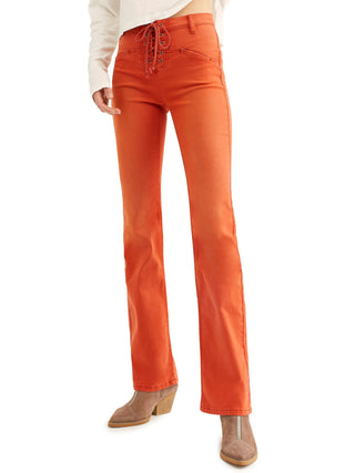 Calça jeans feminina Free People com cadarço e corte bootcut laranja tamanho 27