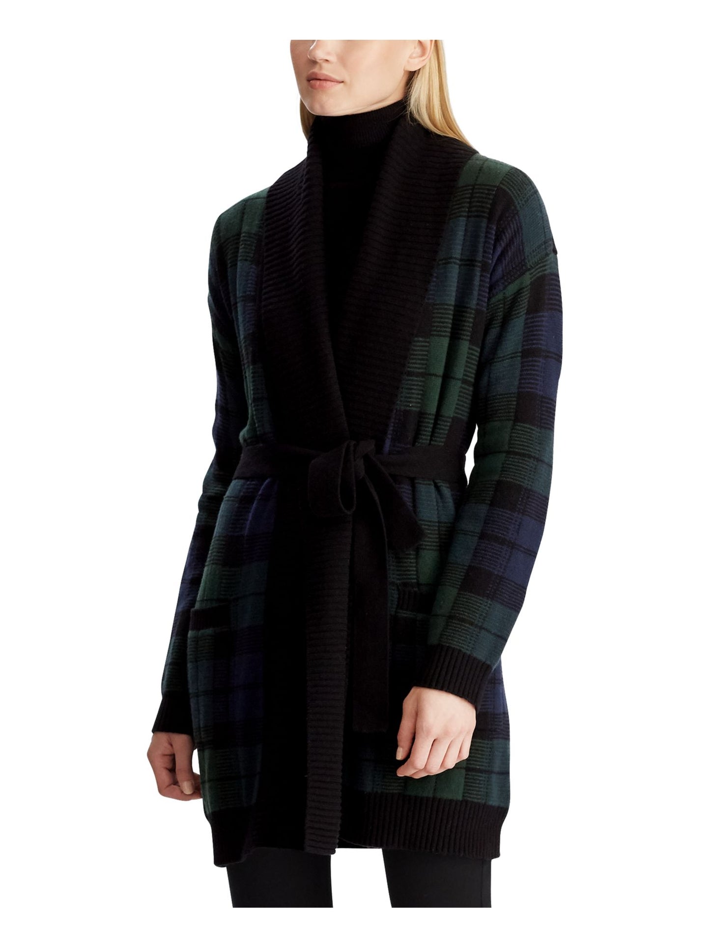 Cardigan Ralph Lauren Feminino com Acabamento Canelado e Mistura de Lã Preto Tamanho Grande