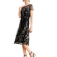 Vestido formal feminino SLNY com zíper e glitter, manga curta, gola alta, corte midi, flare, preto, tamanho 14