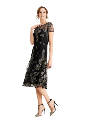 Vestido formal feminino SLNY com zíper e glitter, manga curta, gola alta, corte midi, flare, preto, tamanho 14