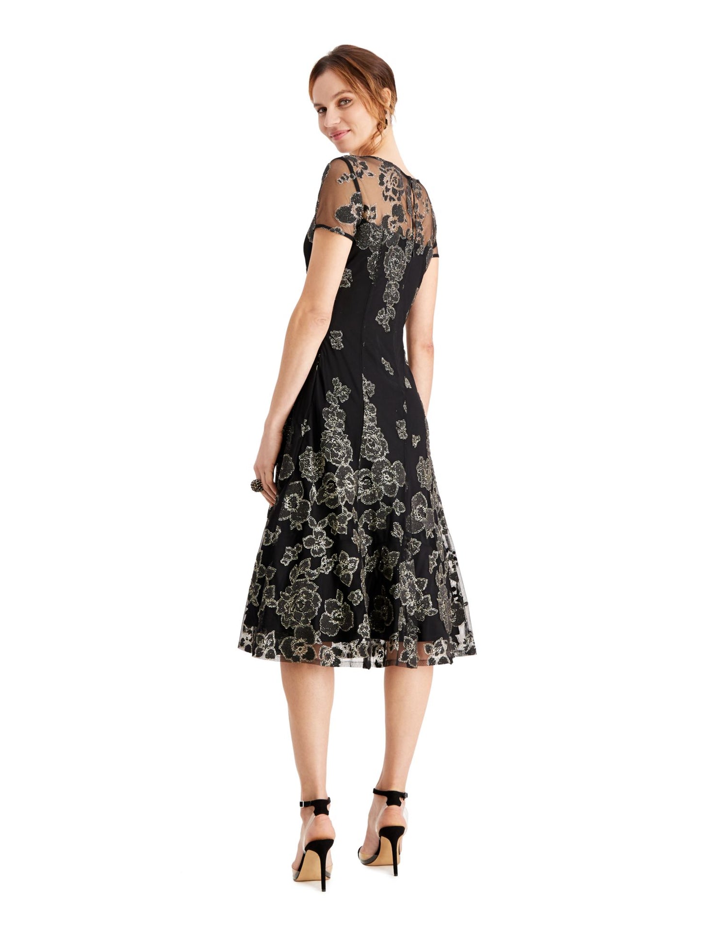 Vestido formal feminino SLNY com zíper e glitter, manga curta, gola alta, corte midi, flare, preto, tamanho 14