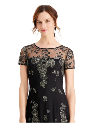 Vestido formal feminino SLNY com zíper e glitter, manga curta, gola alta, corte midi, flare, preto, tamanho 14