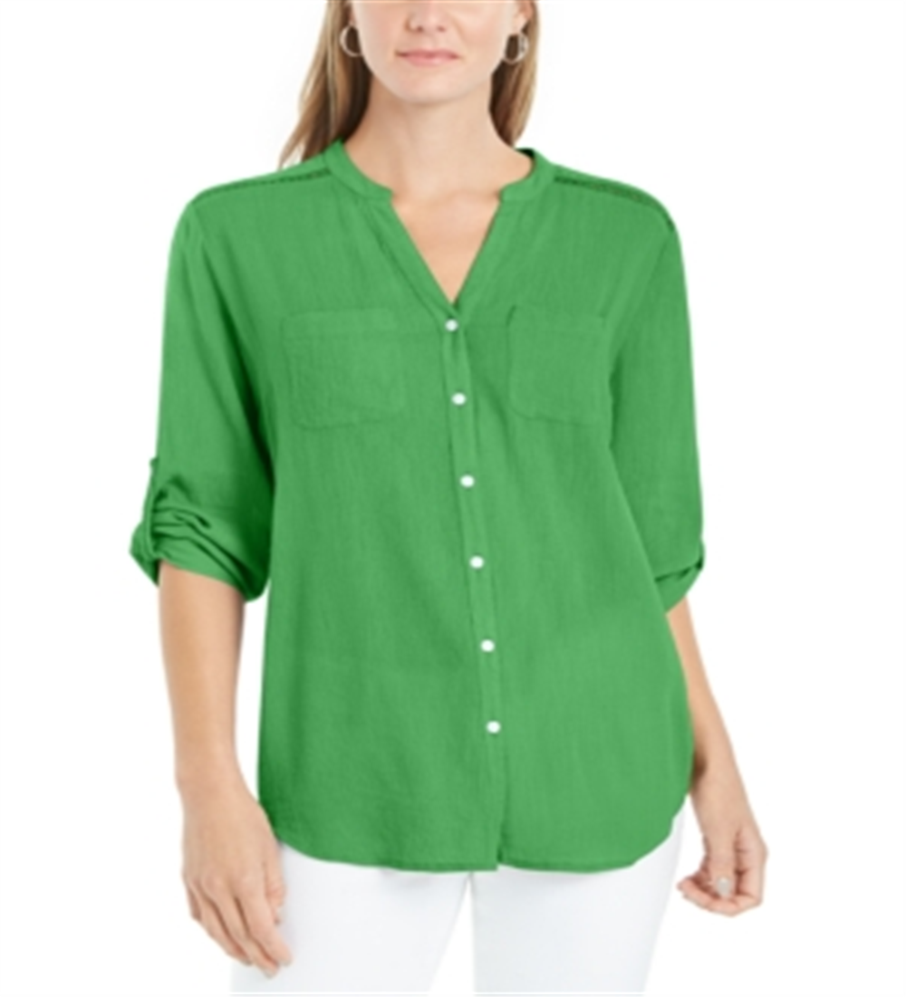 Camisa feminina Charter Club Roll Tab com botões, verde, tamanho médio