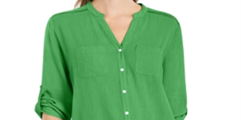 Camisa feminina Charter Club Roll Tab com botões, verde, tamanho médio