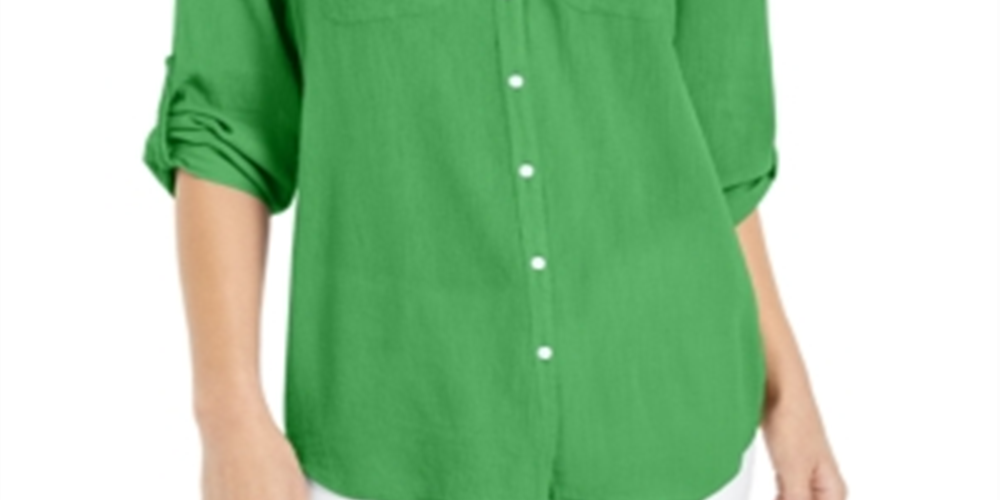 Camisa feminina Charter Club Roll Tab com botões, verde, tamanho médio