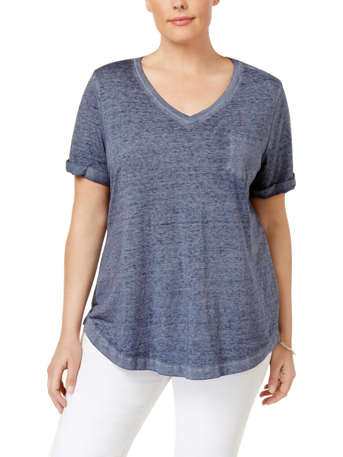 Camiseta feminina plus size com decote em V e manga curta, estilo &amp; co, azul, tamanho 0X