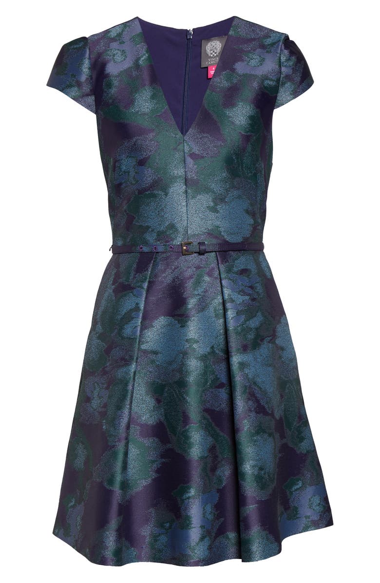 Vestido feminino Vince Camuto com cinto e estampa floral, ajuste evasê, azul, tamanho 14