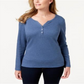 Karen Scott Top Henley de Algodão Feminino Azul Tamanho Grande
