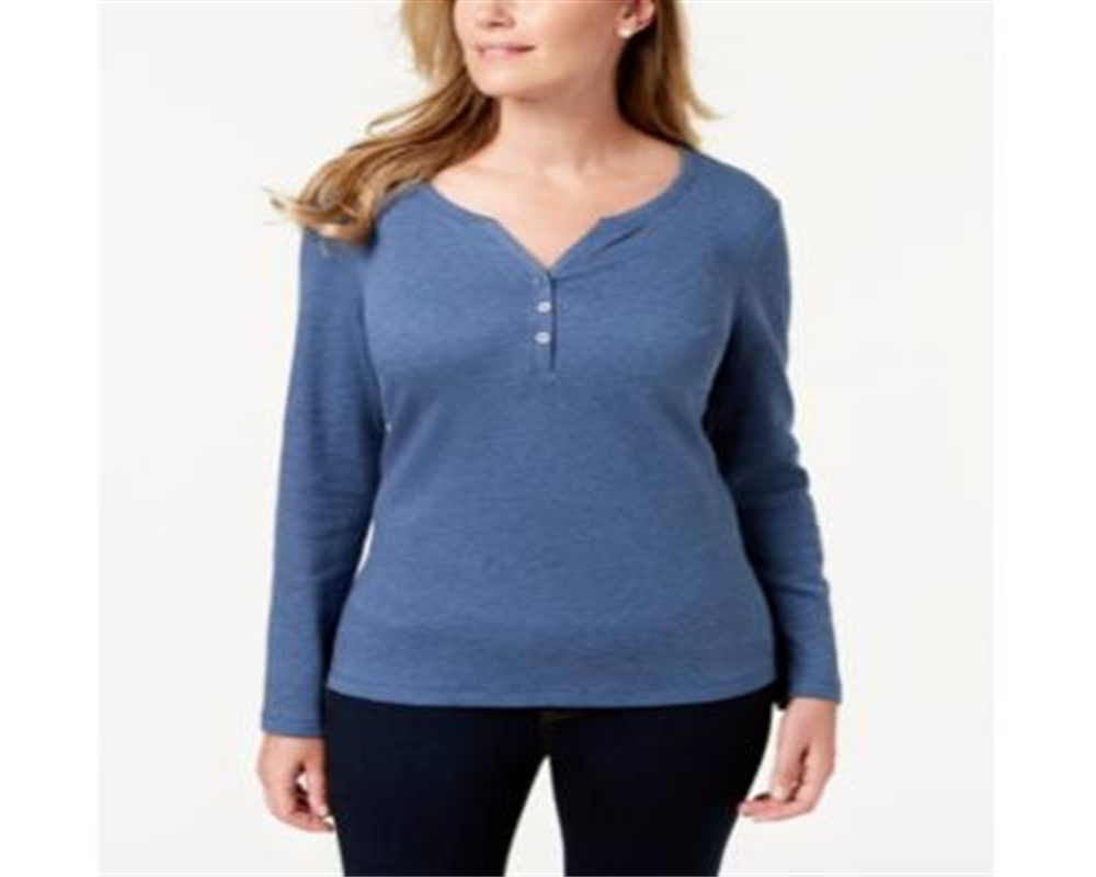 Karen Scott Top Henley de Algodão Feminino Azul Tamanho Grande