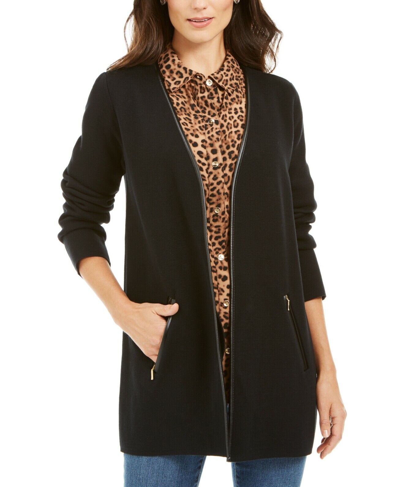 Cardigan feminino Charter Club com zíper frontal aberto, preto, tamanho XX-G