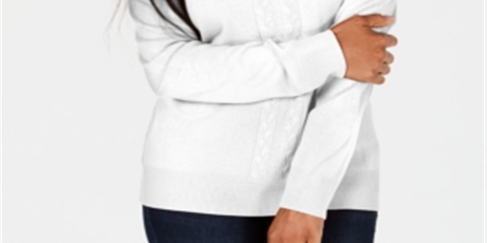 Karen Scott Suéter feminino de tricô com gola redonda, branco, tamanho pequeno G