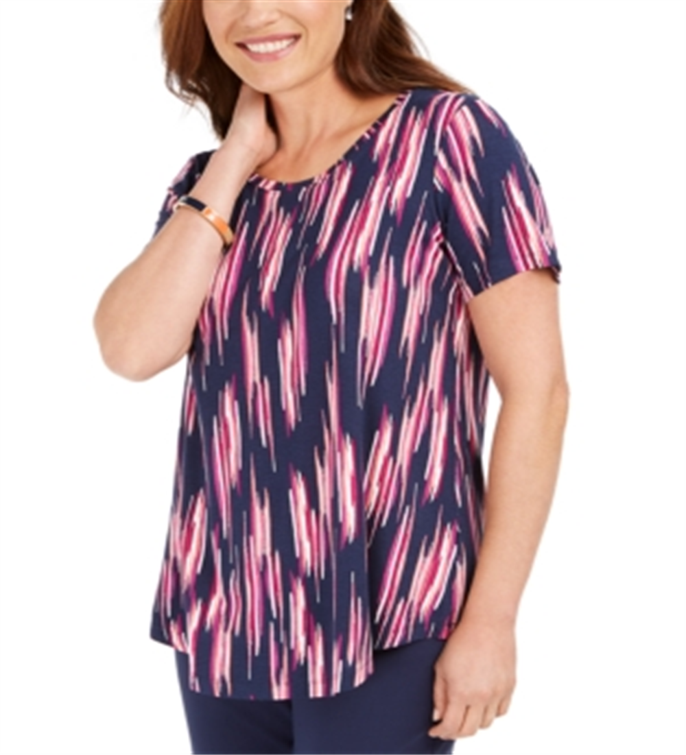 JM Collection Blusa feminina estampada de manga curta roxa/azul marinho tamanho pequeno