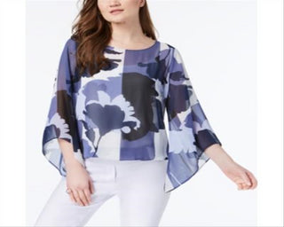 Blusa feminina Alfani com estampa de manga anjo, azul, tamanho pequeno, médio