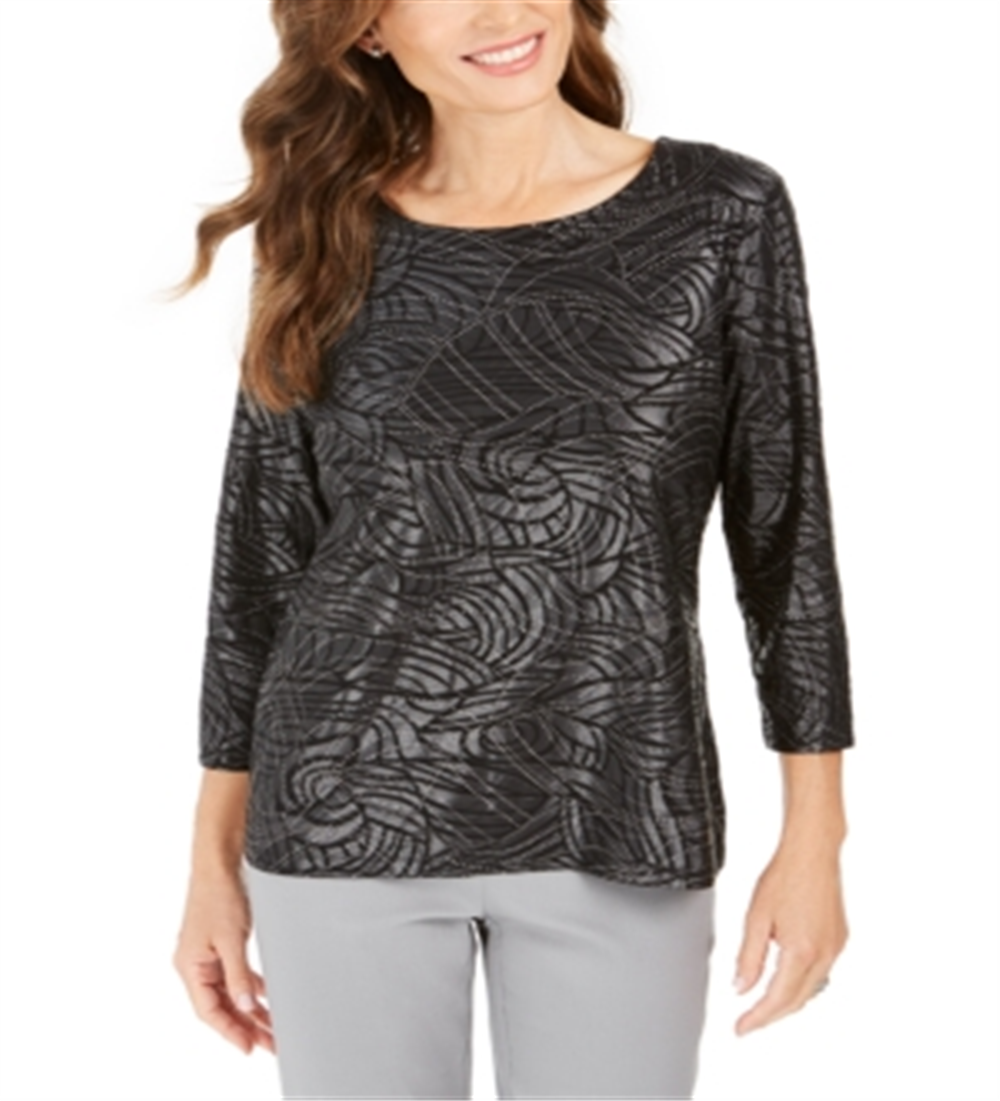 JM Collection Top Feminino Estampado em Jacquard Metálico Preto Tamanho Pequeno G