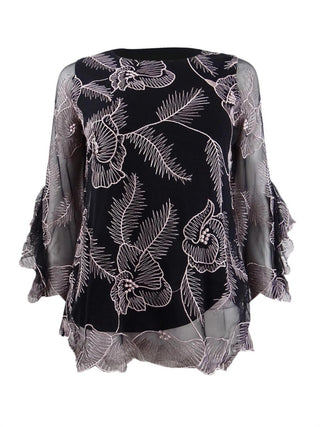 Blusa feminina Alfani com mangas bufantes bordadas, preta, tamanho pequeno grande