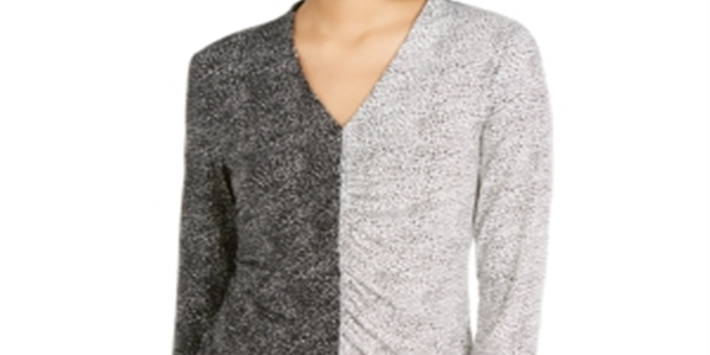 Blusa feminina Alfani com estampa mista e franzido na frente, preta e branca, tamanho pequeno GG