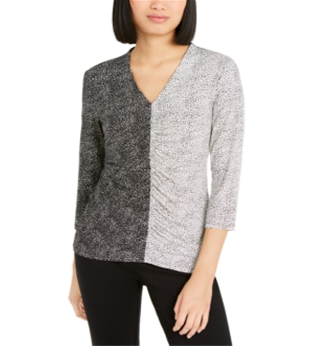 Blusa feminina Alfani com estampa mista e franzido na frente, preta, tamanho pequeno e pequeno