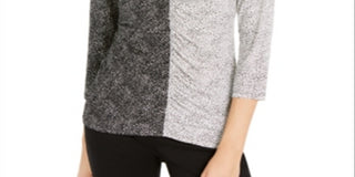 Blusa feminina Alfani com estampa mista e franzido na frente, preta, tamanho pequeno e pequeno