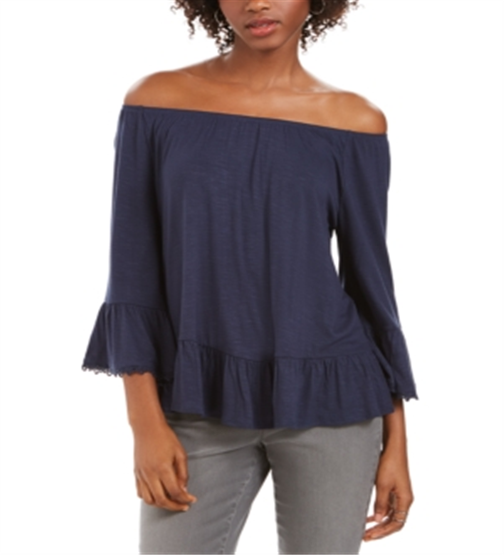 Blusa feminina estilo &amp; co com ombro de fora e manga sino, azul, tamanho médio