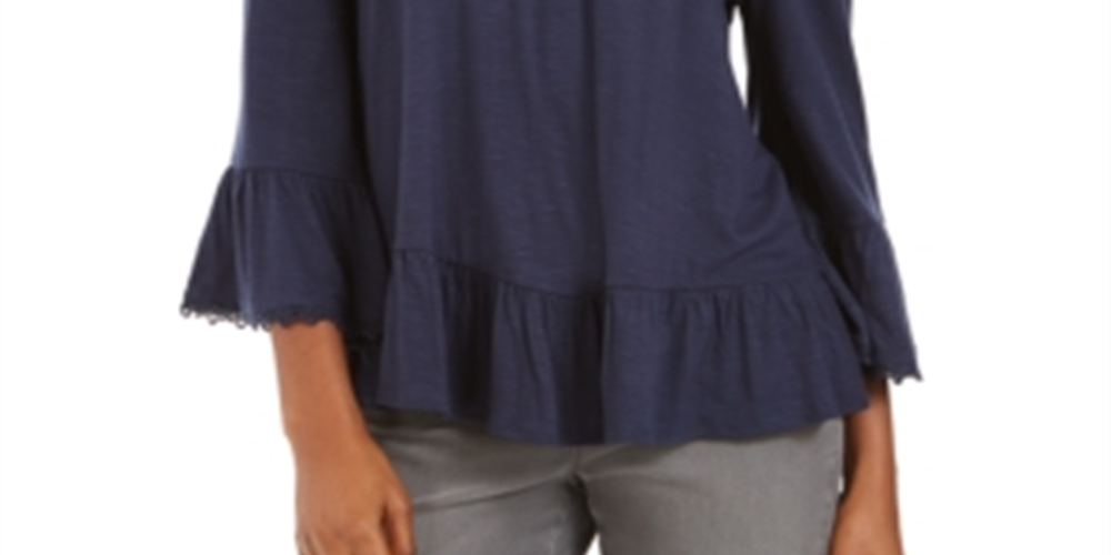 Blusa feminina estilo &amp; co com ombro de fora e manga sino, azul, tamanho médio
