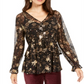 Blusa de malha com babados e estampa floral feminina Style &amp; Co, preta e dourada, tamanho pequeno M