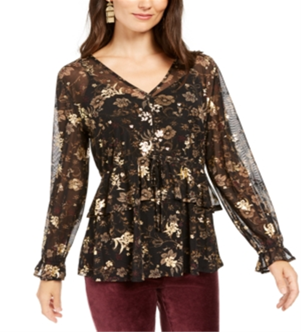 Blusa de malha com babados e estampa floral feminina Style &amp; Co, preta e dourada, tamanho pequeno M
