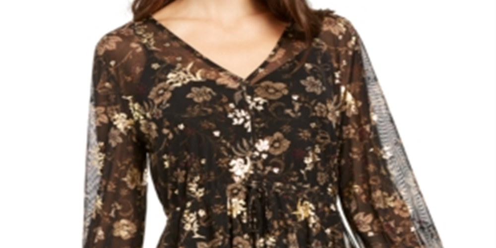 Blusa de malha com babados e estampa floral feminina Style &amp; Co, preta e dourada, tamanho pequeno M