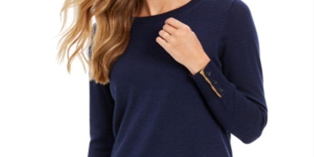 Suéter feminino Charter Club de lã merino com punho de botão, azul, tamanho pequeno P/M