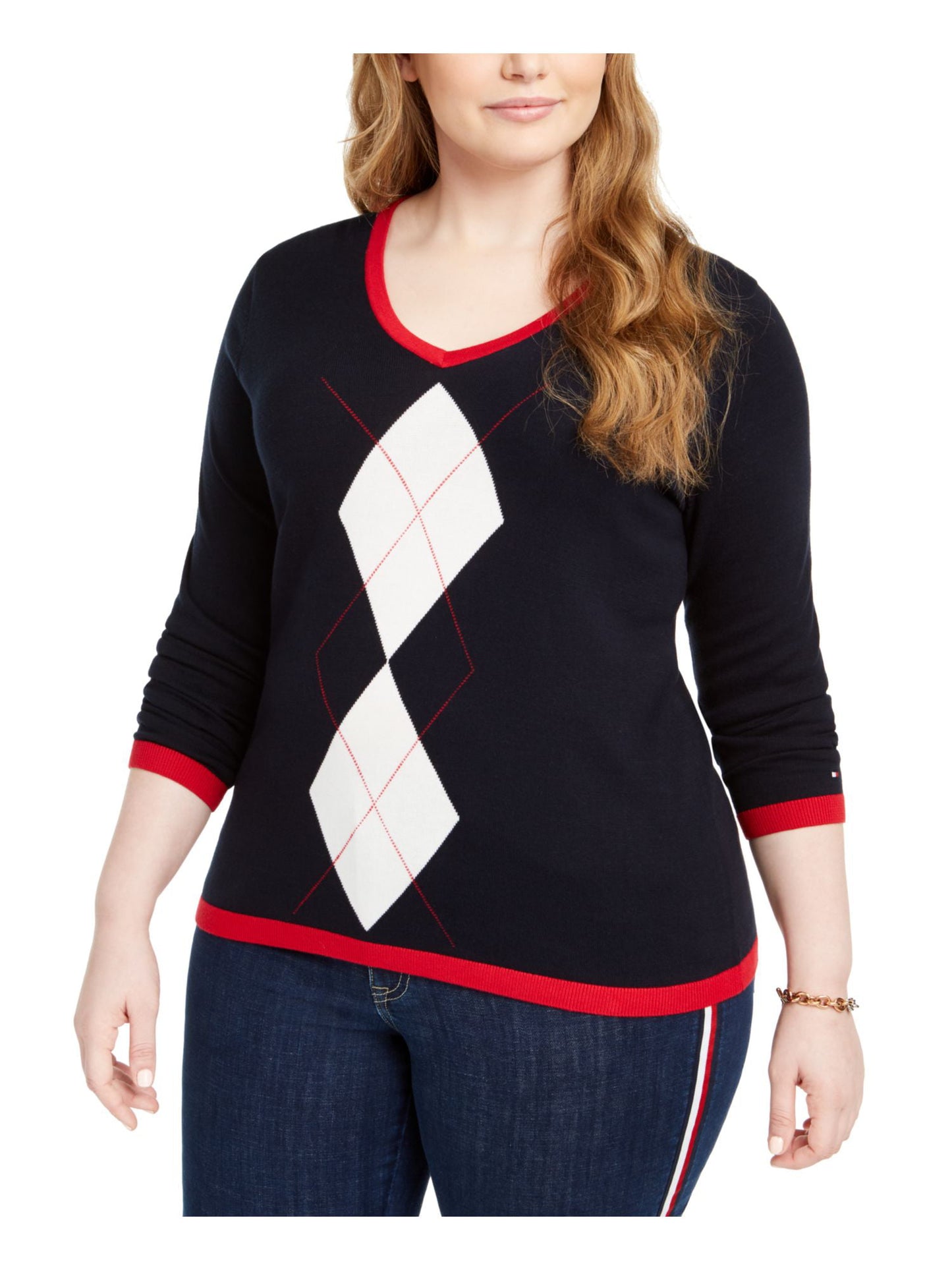 Suéter Tommy Hilfiger Plus Argyle de algodão feminino, azul marinho, tamanho 3X
