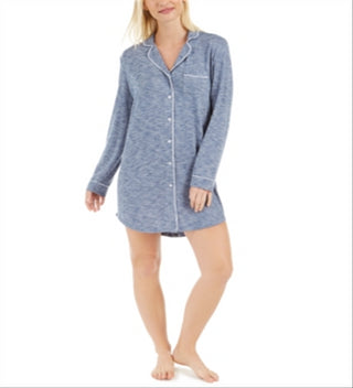 Camisa de dormir feminina Alfani com botões frontais e malha aconchegante, azul, tamanho XS