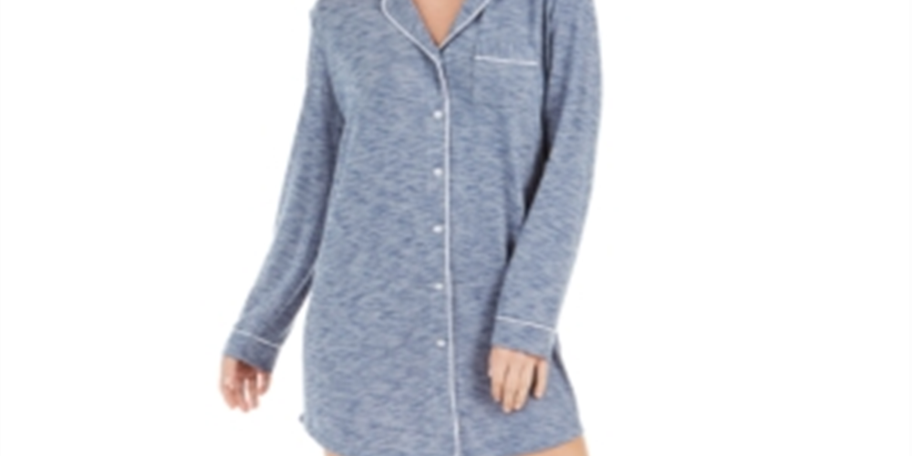 Camisa de dormir feminina Alfani com botões frontais e malha aconchegante, azul, tamanho XS
