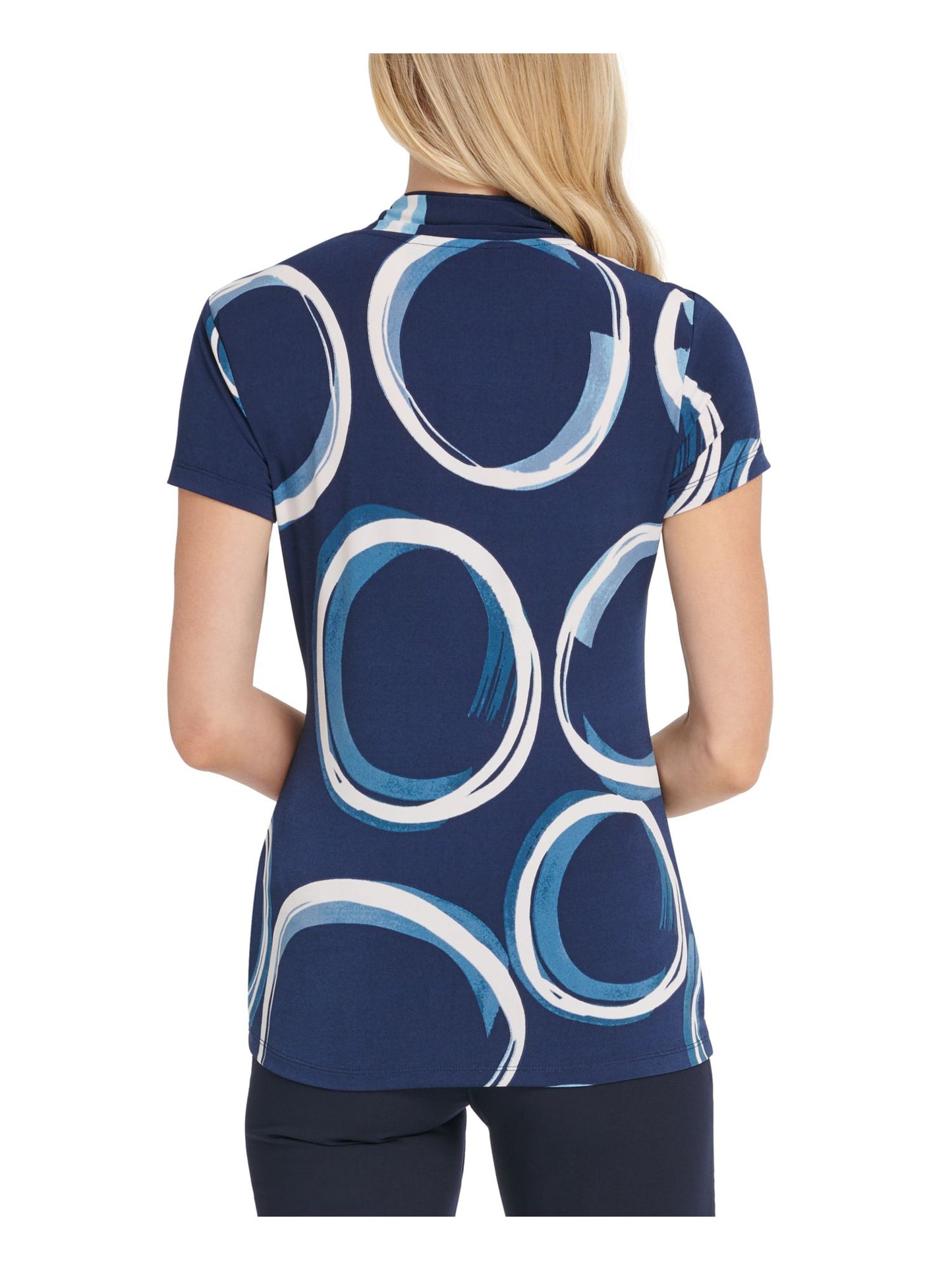 Blusa feminina DKNY com estampa franzida e manga curta, decote em V, azul, tamanho XX-G