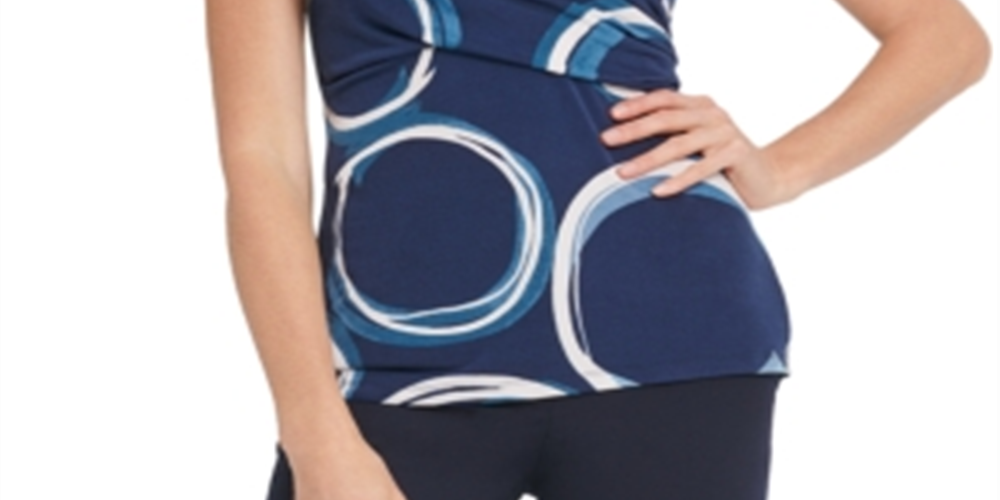 Blusa feminina DKNY com estampa franzida e manga curta, decote em V, azul, tamanho XX-G