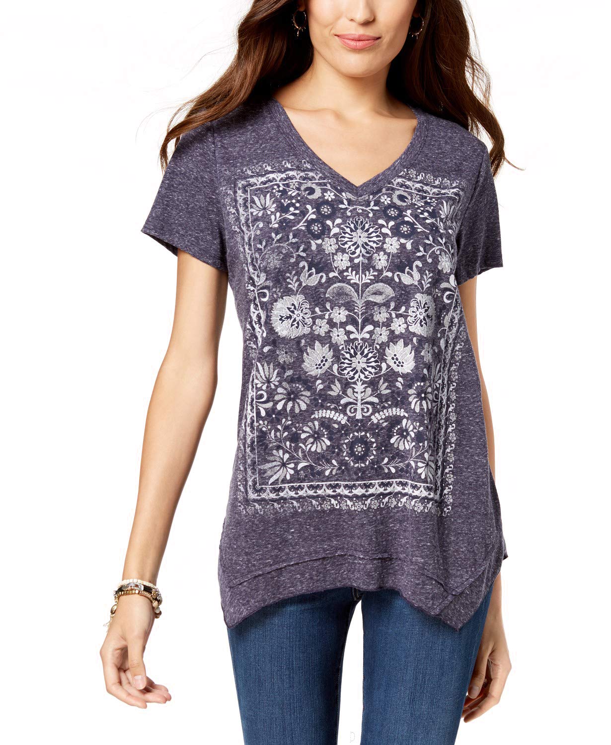 Camiseta feminina com bainha de lenço gráfico Style &amp; Co, verde, tamanho PP